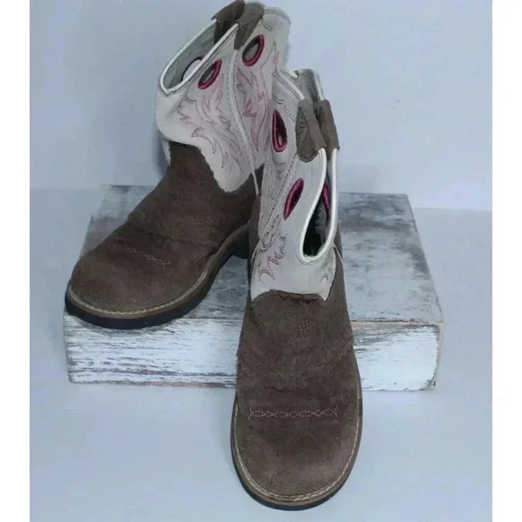 Ariat Cowgirl Boots Pink Brown Embroidered Leather Size 1.5 Teen Fatboy Style - Picture 2 of 11